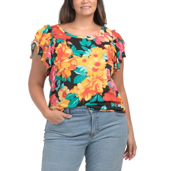 STELLA & GINGER Black Plus Flutter Sleeve Textured Top - Picture 1 of 2